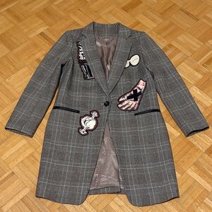 Tessuto Plaid Long Blazer with Unique Patches